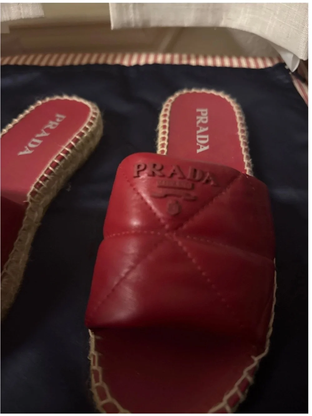Prada Red Quilted Leather Espadrille Slides